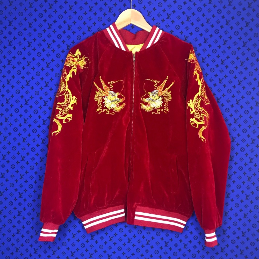 Japanese Dragon Embroidery Velveteen Wine Jacket